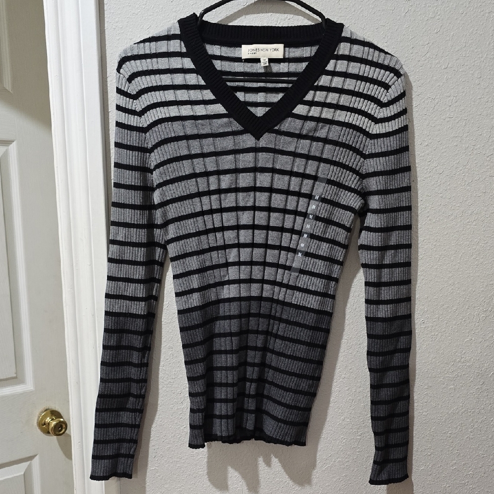 Jones New York Black and Gray Striped Sweater